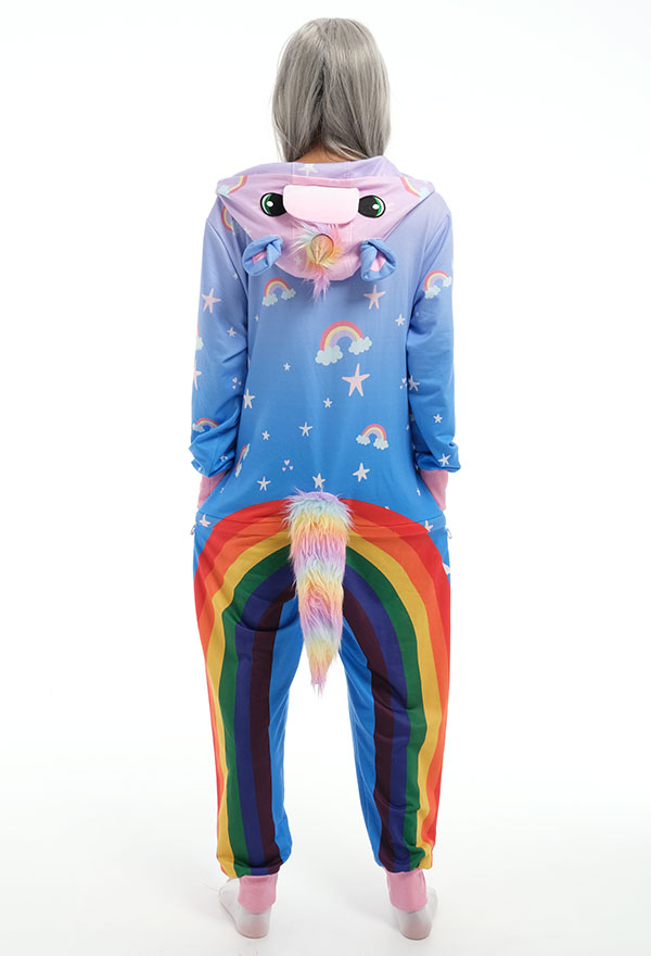 Kawaii Cartoon Unicorn Onesie Pajamas Kigurumi Cute Style Rainbow Print Long Sleeve Hoodie Jumpsuit Christmas Costume for Women