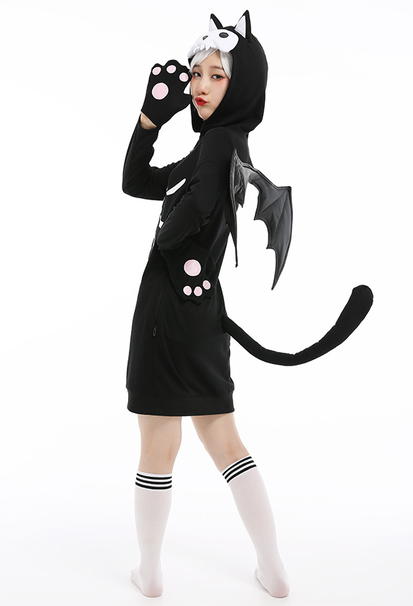 Women Animal Bat Skeleton Cat Onesie Halloween Pajama Costume Black and white Polyester Long Sleeve Cartoon Jumpsuit with Wing and Tail