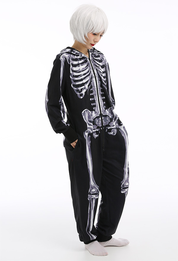 Skeleton Halloween Pajama Costume Demon Series Unisex Onesie Kigurumi Gothic Dark Style Polyester Long Sleeve Silver Skeleton Digital Printing Pajama Jumpsuit