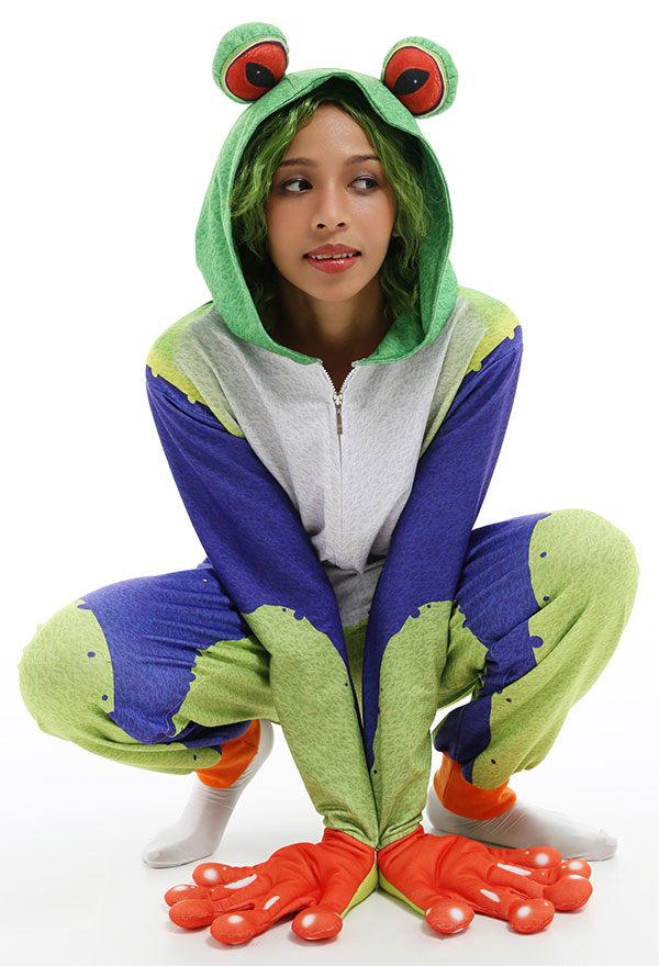 Adult Animal Cartoon Tree Frog Shape Halloween Onesie Pajama Cute Style Polyester Long Sleeve Jumpsuit for Women