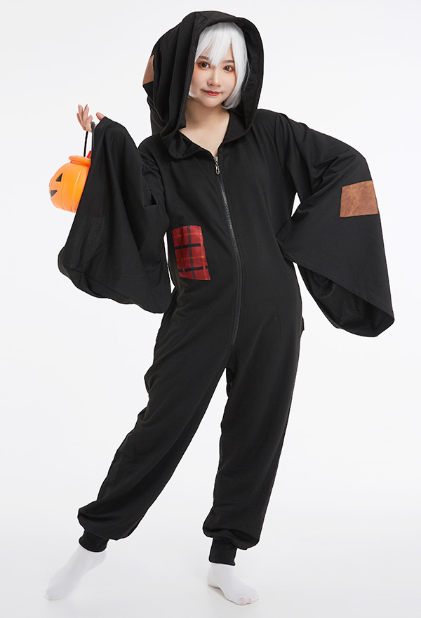Dark Magician Women Witch Pattern Stylish Hooded Onesie Pajamas Black Polyester Zipper Up Onesie Homewear Kigurumi for Adults