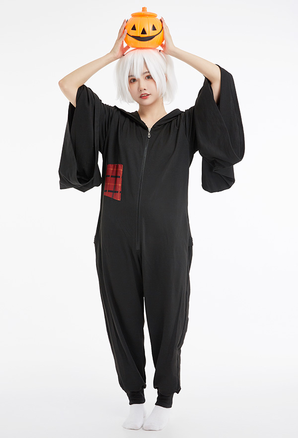 Dark Magician Women Witch Pattern Stylish Hooded Onesie Pajamas Black Polyester Zipper Up Onesie Homewear Kigurumi for Adults