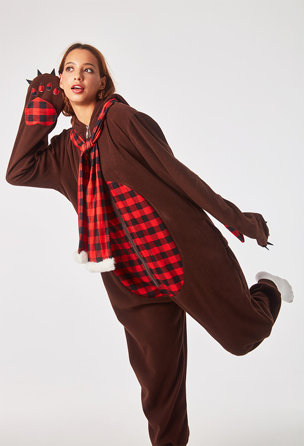 Adult Christmas Cute Teddy Bear Onesie for Women Red and Black Plaid Warm Loose Fit Hooded Footie Pajamas with Hat