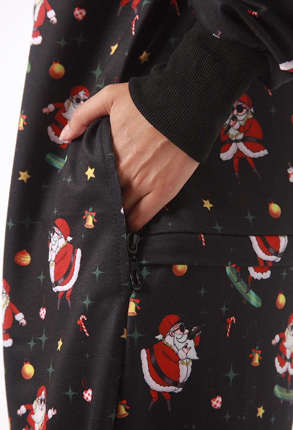 Aesthetic Christmas Onesie Hip Hop Santa Claus Pattern Kigurumi Black Warm Hooded Long Sleeve Adult Footie Onesie for Women