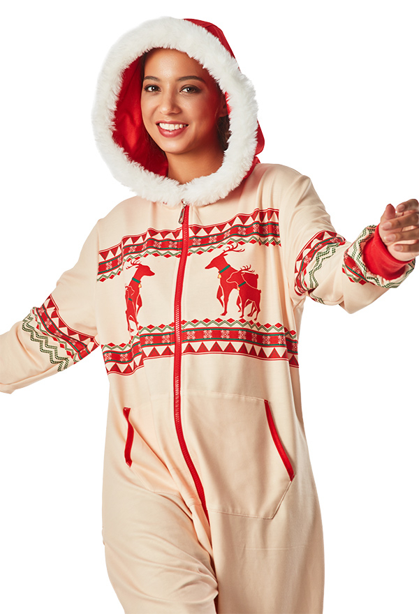 Adult Christmas Reindeer Printed Onesie for Women Homewear Warm Hooded Loose Fit Footie Onesie