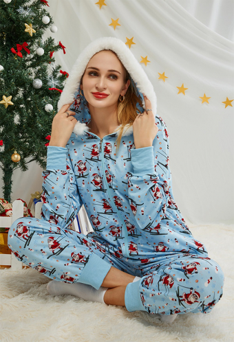 Aesthetic Adult Onesie Skiing Santa Claus Pattern Christmas Onesie Women Blue Warm Long Sleeve Hooded Footie Pajamas