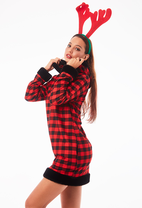 Adult Christmas Black and Red Plaid Nightdress Sleepwear Polyester Cozy Long Sleeve Dress Costume Outfits