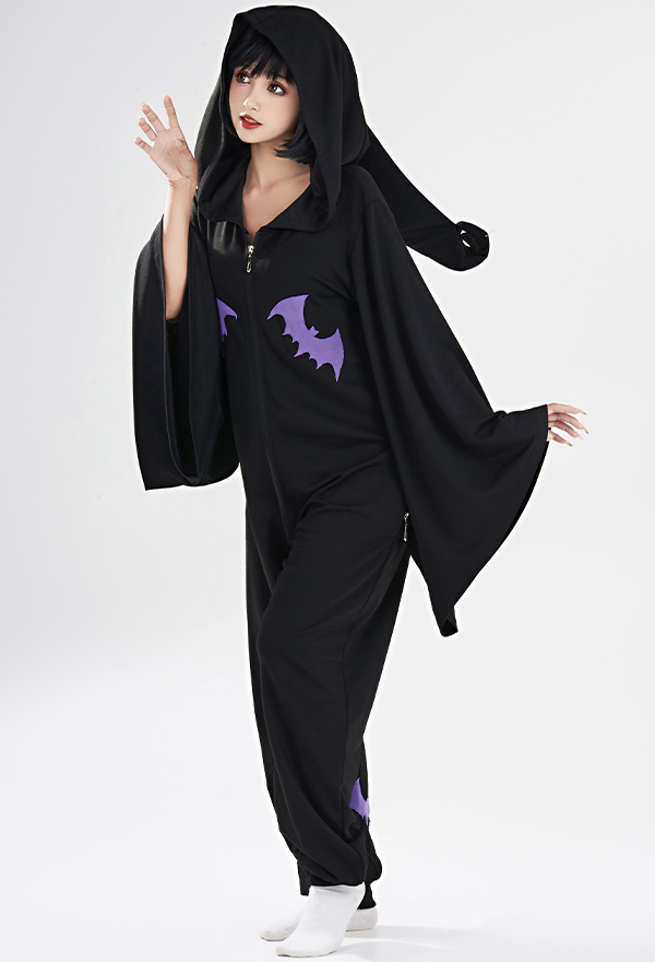 Women Halloween Black Witch Style Bat Print Hooded Onesie Pajama Kigurumi