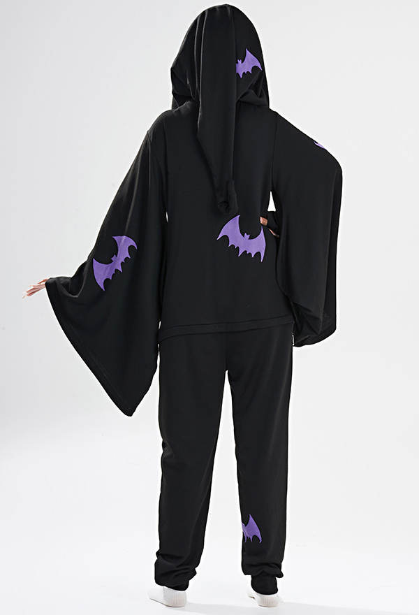 Women Halloween Black Witch Style Bat Print Hooded Onesie Pajama Kigurumi
