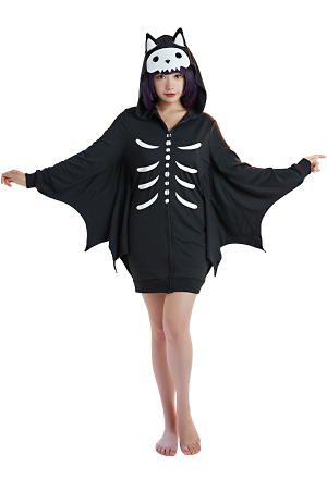 Women Halloween Black Bat Shaped Skeleton Print Onesie Hooded Loungewear