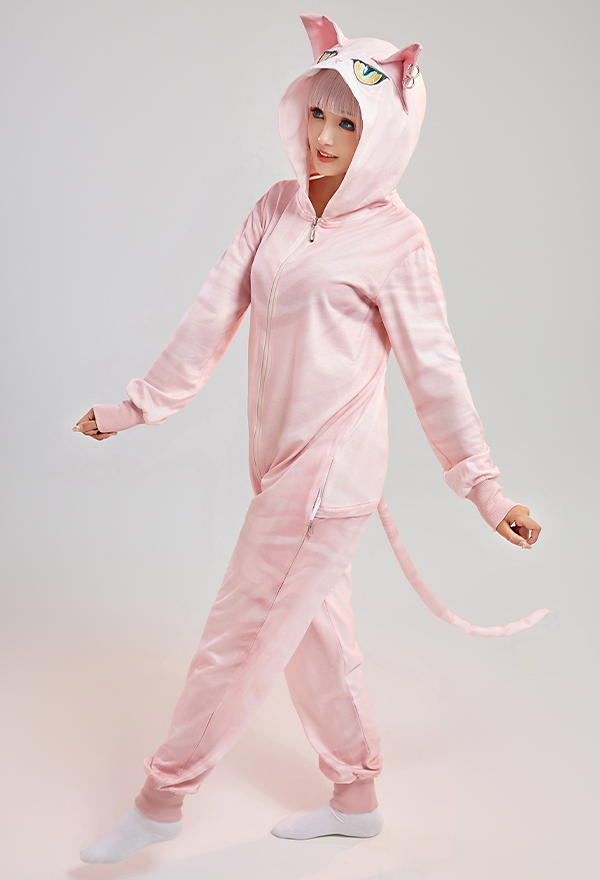 Women Halloween Pink Sphynx Cat Hooded Onesie Pajama