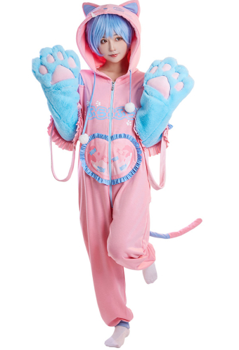 Women Cute Pink Blue Cat Hooded Onesie Pajama with Detachable Furry Paw Gloves