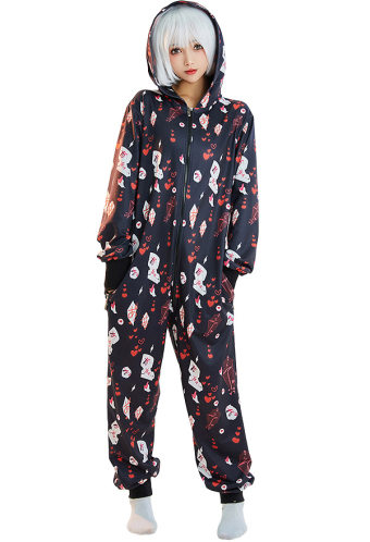 Women Halloween Gothic Black Red Japanese Letter Print Hooded Onesie Pajama Loungewear