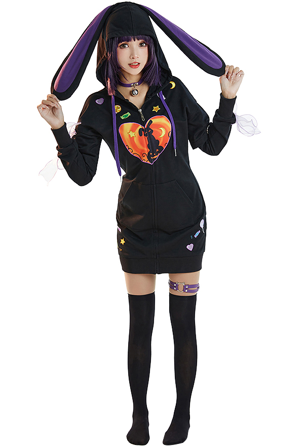 Women Halloween Black Bunny Heart Print Onesie Hooded Loungewear