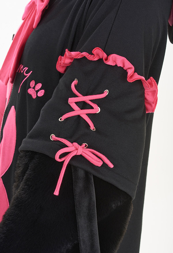 Women Cute Pink Black Constract Color Rabbit Hooded Onesie Pajama with Detachable Furry Paw Gloves