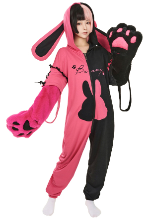 Women Cute Pink Black Constract Color Rabbit Hooded Onesie Pajama with Detachable Furry Paw Gloves