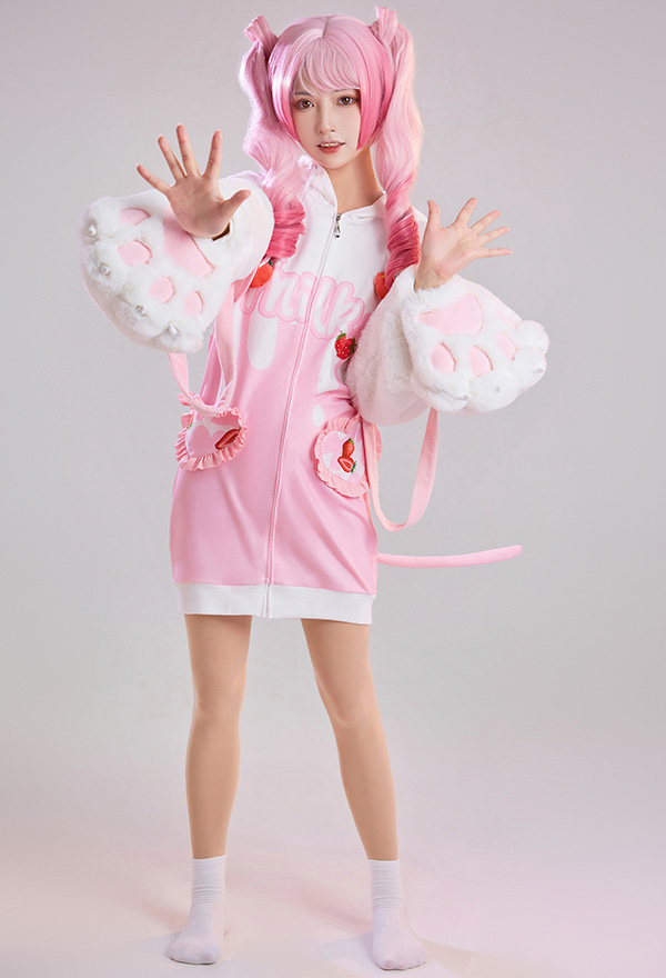 Women Cute Pink Strawberry Milk Hooded Loungewear with Detachable Furry Paw Gloves