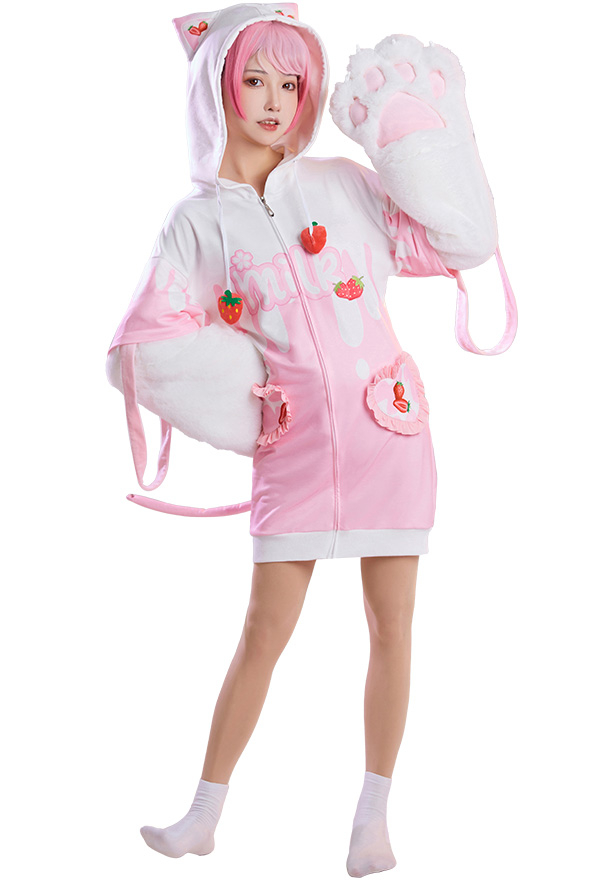 Women Cute Pink Strawberry Milk Hooded Loungewear with Detachable Furry Paw Gloves