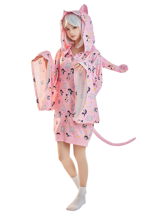 Women Halloween Pink Cat Ghost Print Onesie Hooded Loungewear