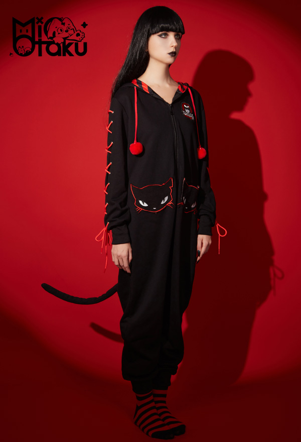 Emily the Strange Black Cat Print Halloween Costume Long Sleeves with Drawstrings Hooded Onesie Pajama