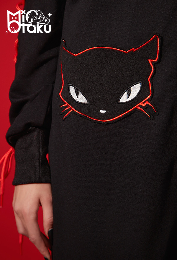 Emily the Strange Black Cat Print Halloween Costume Long Sleeves with Drawstrings Hooded Onesie Pajama