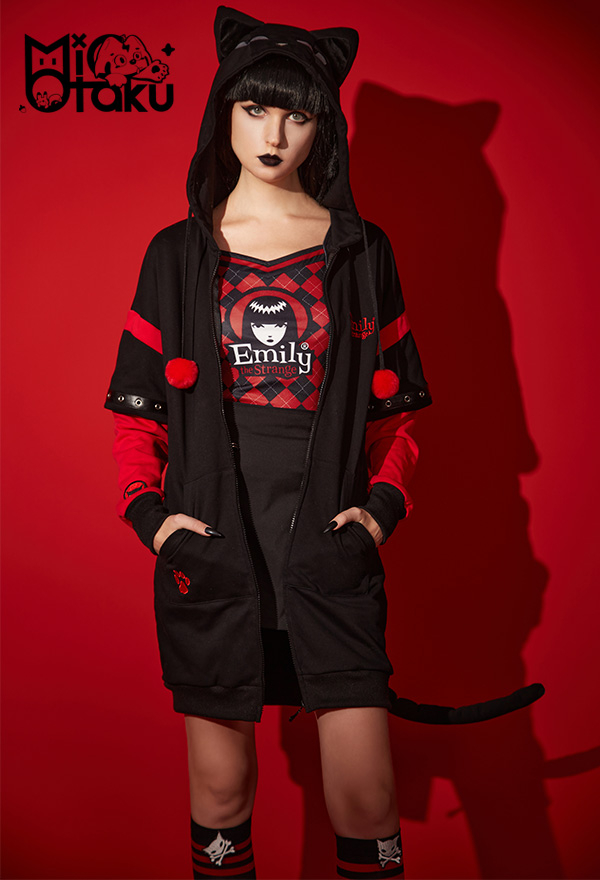 Emily the Strange Black Red Embroidery Print Halloween Costume Zipper Cat Hooded Onesie Pajama Dress