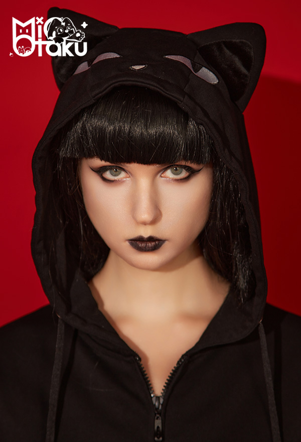 Emily the Strange Black Red Embroidery Print Halloween Costume Zipper Cat Hooded Onesie Pajama Dress