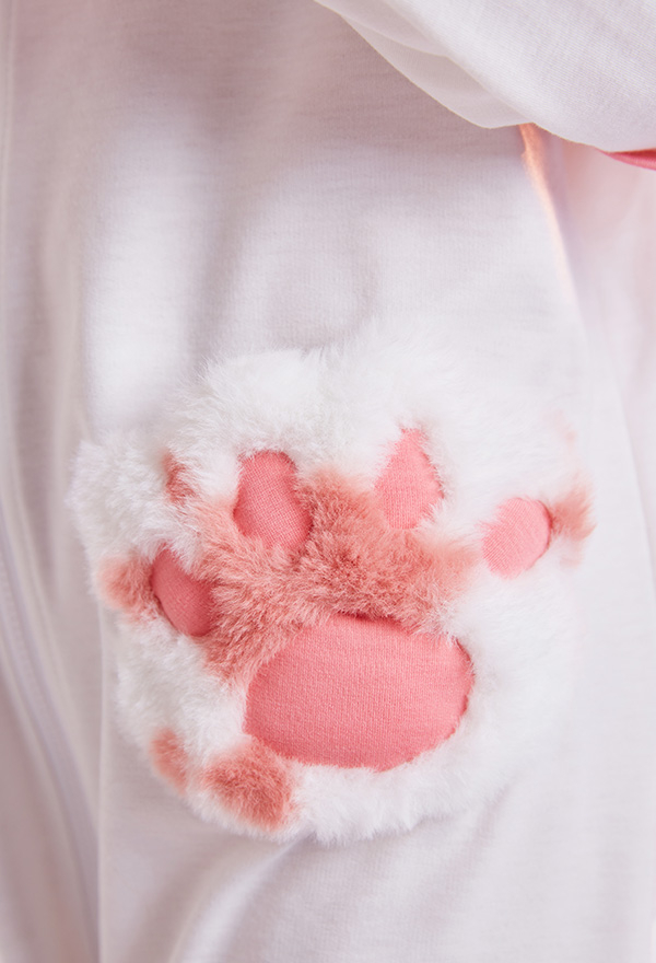 Women Cute Pink White Strawberry Milk Pattern Cat Hooded Onesie Pajama