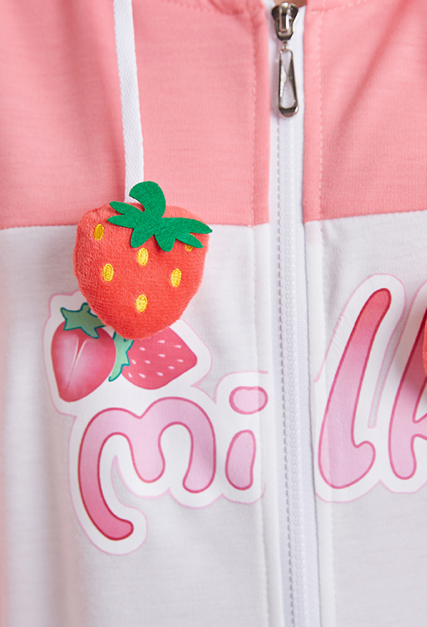 Women Cute Pink White Strawberry Milk Pattern Cat Hooded Onesie Pajama
