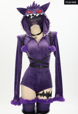 Plus Size Purple Ghost Purple Sexy Romper Bodysuit Plush Hooded and Stocking with Belt and Tail