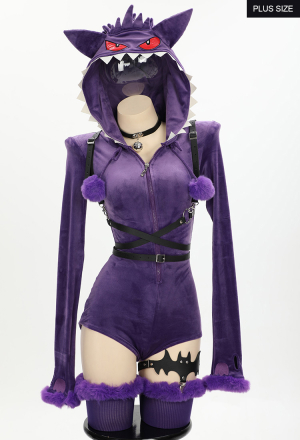 Plus Size Purple Ghost Purple Sexy Romper Bodysuit Plush Hooded and Stocking with Belt and Tail