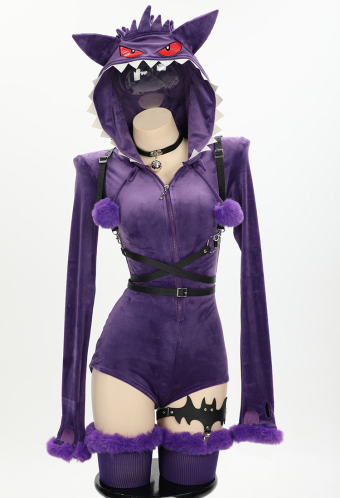 Purple Ghost Purple Sexy Romper Bodysuit Plush Hooded and Stocking with Belt and Tail