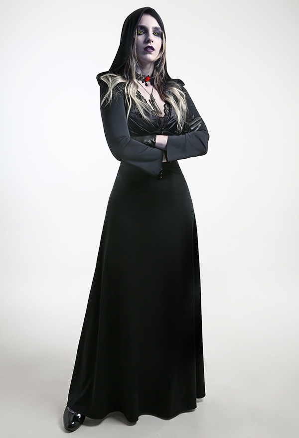 Daniela Gothic Vampire Deep V Neck Long Sleeve Dress Black Cotton Metal Flower Decorated Slim Hoodied Long Dress Halloween Costume with Necklaces and Gloves