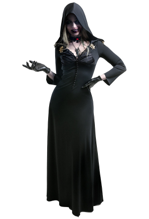 Gothic Vampire Deep V Neck Long Sleeve Dress Black Cotton Metal Flower Decorated Slim Hoodied Long Dress Halloween Costume with Necklaces and Gloves
