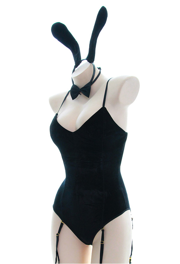 Kawaii Bunny Girl One Piece Sleepwear Black Sexy Velour Bodysuit with Headdress