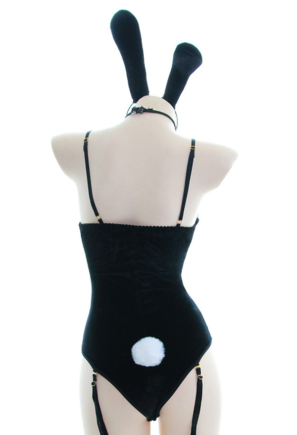 Kawaii Bunny Girl One Piece Sleepwear Black Sexy Velour Bodysuit with Headdress