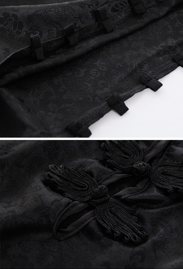 Kawaii Lace up Sleepwear in Retro Style Black Sexy High Slit Polyester Cheongsam