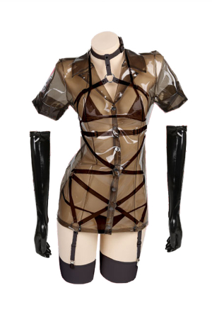 Gothic Nurse Cosplay Costume Black Transparent Sexy Bandage Bikini Set with Coat