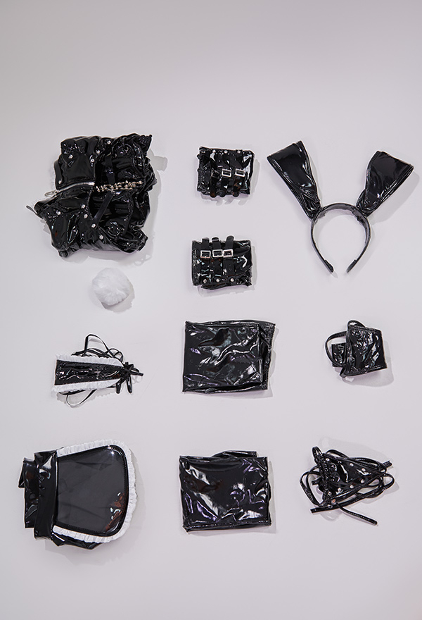 Cyber Bunny Gothic Devil Empire Lingerie Bodysuit Black Patent leather Chest Open Dress with Corset