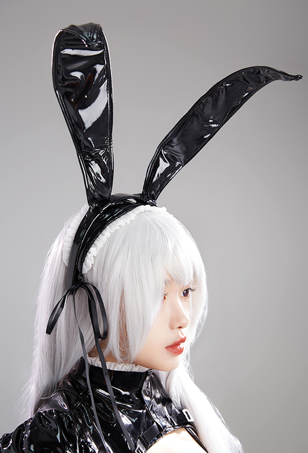 Cyber Bunny Gothic Devil Empire Lingerie Bodysuit Black Patent leather Chest Open Dress with Corset