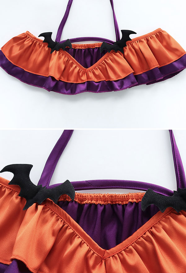 Halloween Theme Sexy Bats Two-Piece Lingerie Set Pumpkin Color Ruffle Decorated Halter Bikini Set with Bat Decorated Choker