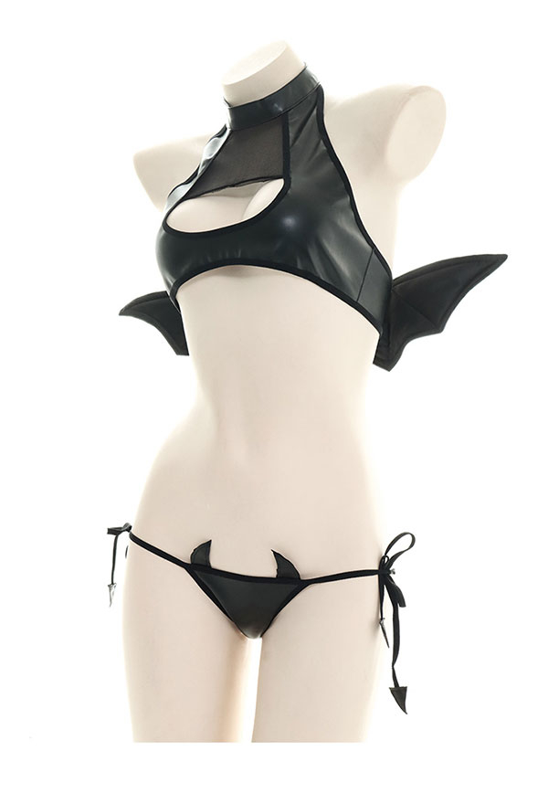 Kawaii Sleepwear Lingerie Set Japanese Style Black Bat Backless Hollow Heart Sleepwear