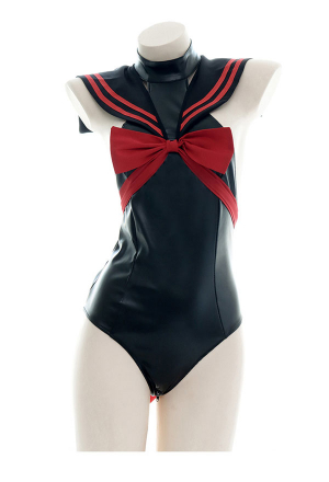 Kawaii Attractive One Piece Lingerie Bodysuit Black and Red PU Leather Bowknot Sailor Collar Backless Sexy Bodysuit