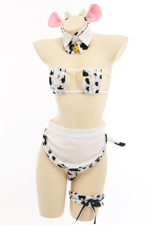 ZEAL FOR YOU Women Sexy Cow Pattern Maid Uniform Cute Style Hollowed Breast Tube Top and Thong