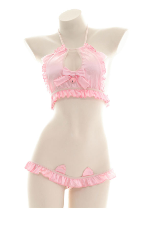 Kawaii Two Piece Bikini Set Pink Cute Bowknot Bell Cat Ear G String Bottom Bikini Set