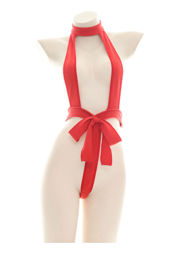 Kawaii One-Piece Swimsuit Sexy Japanese Style Red Open Chest Pattern Bodysuit