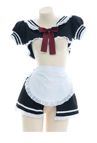 Kawaii Maid Role Play Sleepsuit Sailor Collar Red Bowknot Short Sleeve Mini Top Front Split Skirt Sleepsuit with Apron