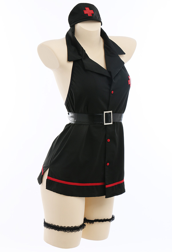 Woman Erotic Nurse Uniform Deep V Shape Collar Backless Halter Cosplay Costume Outfit