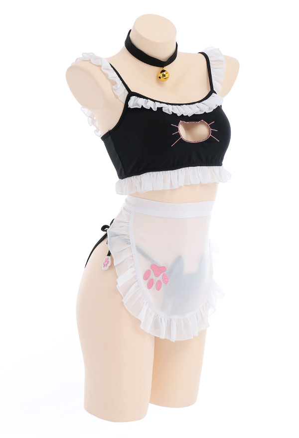 Cat Temptation Two-piece Lingerie Set Maid Style Black and White Chiffon Ruffle Decorated Lingerie Outfit with Apron Necklace Headband