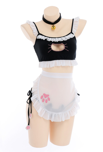 Cat Girl Temptation Two-piece Lingerie Set Maid Style Black and White Chiffon Ruffle Decorated Lingerie Outfit with Apron Necklace Headband